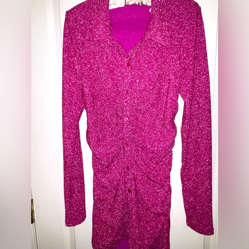 Good American Pink Sparkle Ruched Mini Dress Size 3=Large NWT